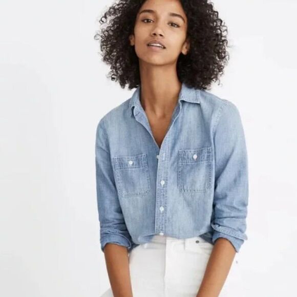 MADEWELL Chambray Classic Boyfriend Button Down Shirt Size Small - Picture 8 of 10